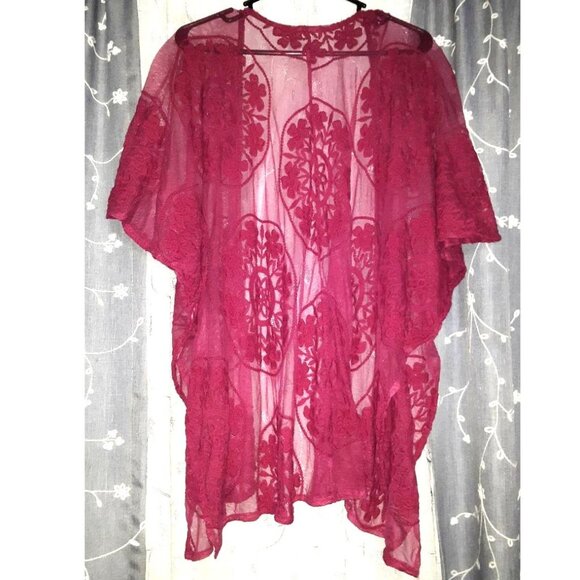 Maurices Dark Berry Pink Sheer Lace Kimono Open Cardigan Sweater Duster One Size - Picture 4 of 5